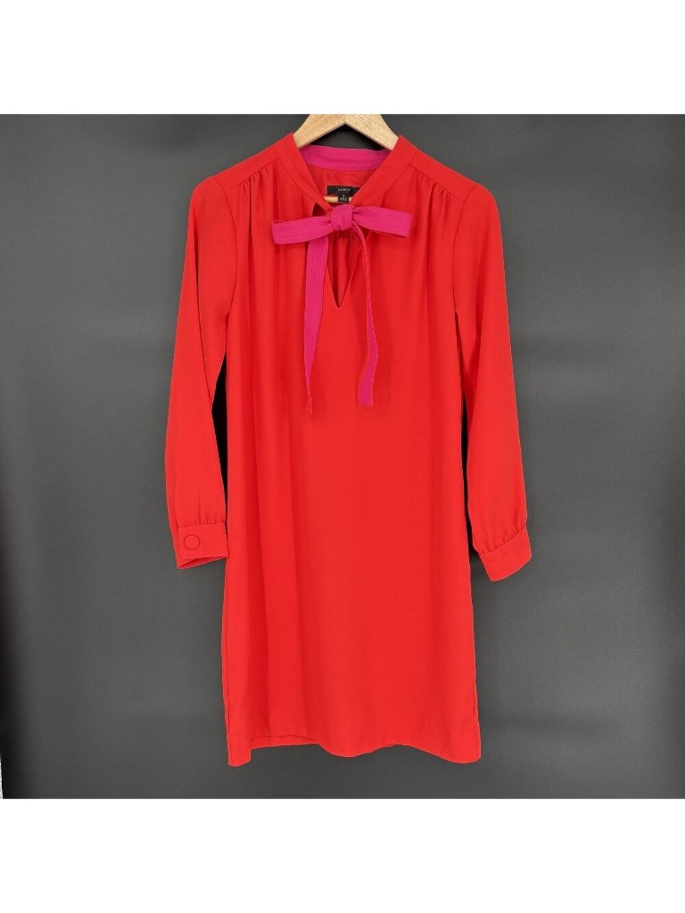 J.Crew Shift Dress With Necktie Womens 4 Red/orange Long Sleeve Pink Bow Preppy